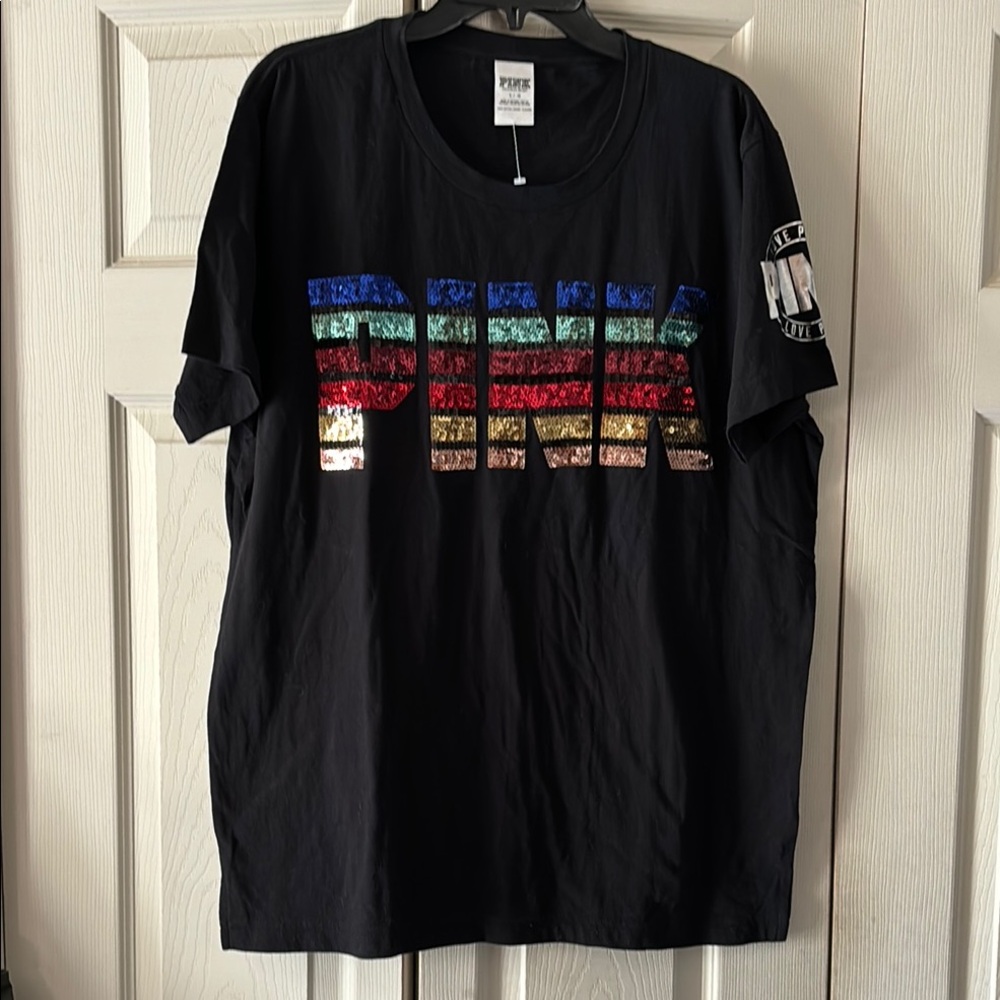 NWOT PINK Victoria's Secret Rainbow Bling Black Short Sleeve Tee size Large